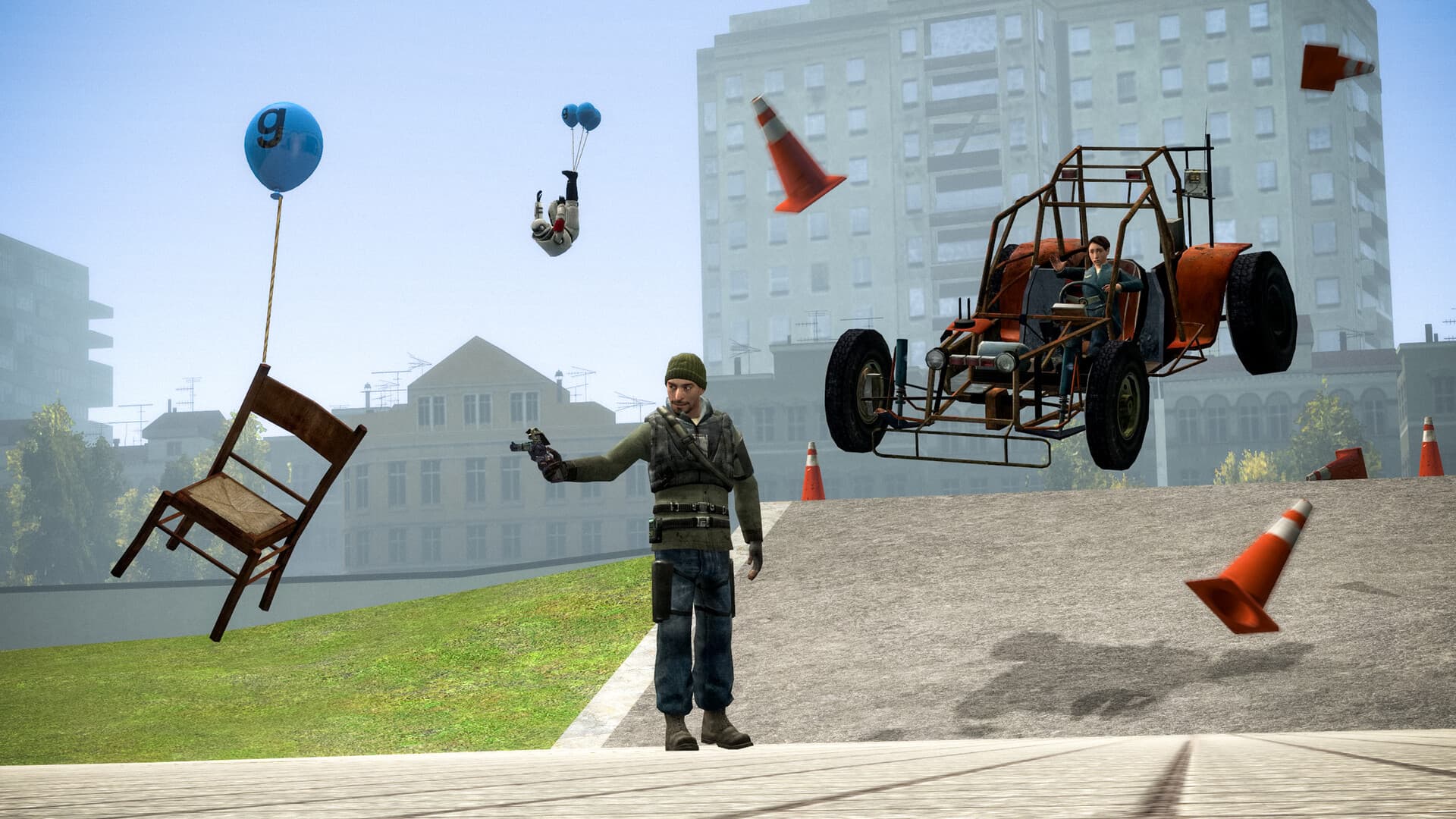 Garry's Mod sandbox: a chair floating on a balloon, a ragdoll drifting by, and a buggy mid-air over a construct map