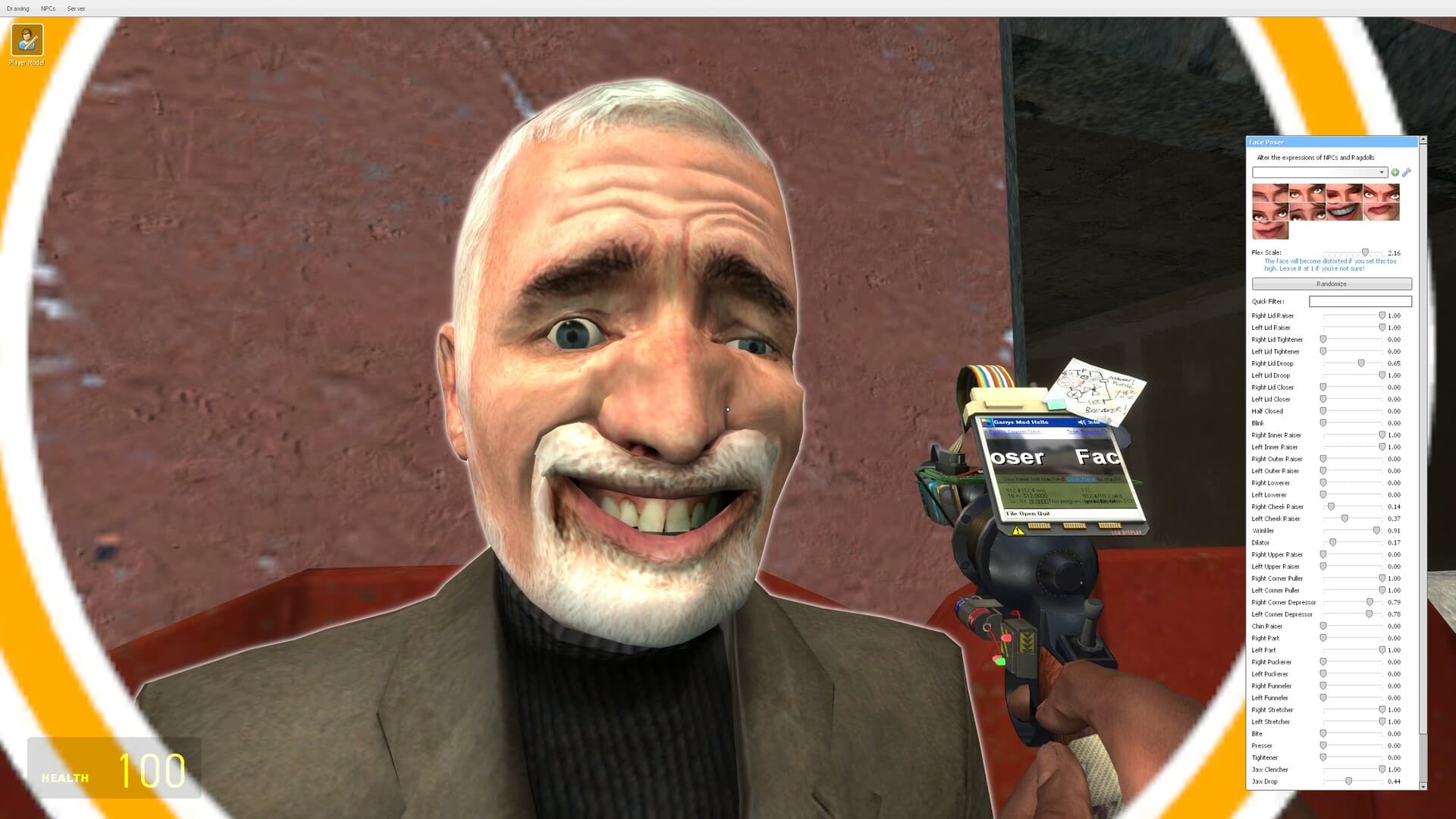 A Garry's Mod ragdoll grinning at the camera while the face poser tool does its work