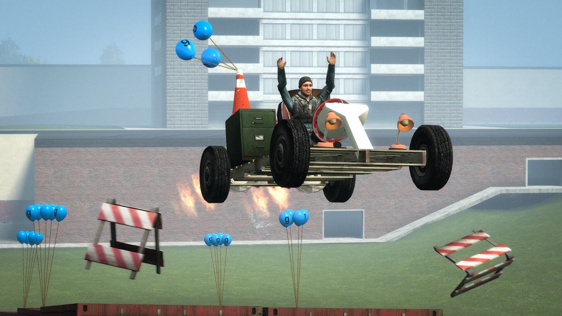 A homemade contraption car jumping a ramp with the driver's hands in the air